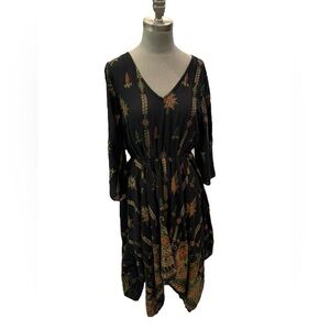 Lapogee Boho Midi Dress Black Gold Handkerchief Hem Large